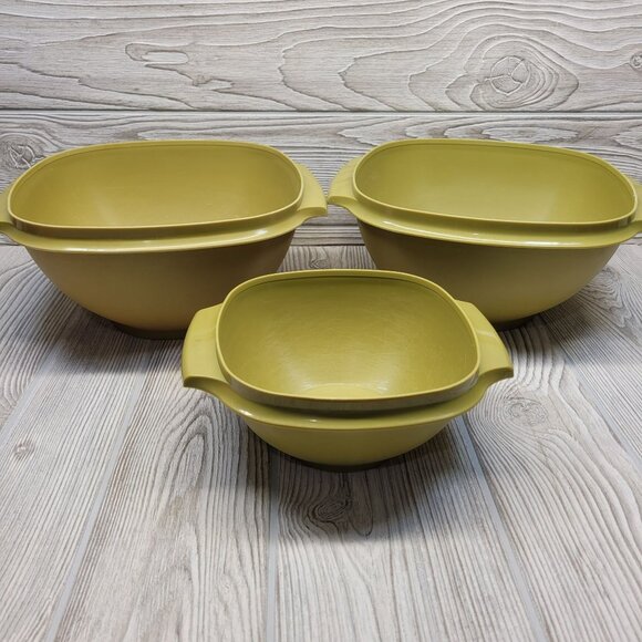 Lot of 3 Avocado Green Tupperware Servalier Bowl 858-5 840-16 Bowl Container Vtg - Picture 1 of 8